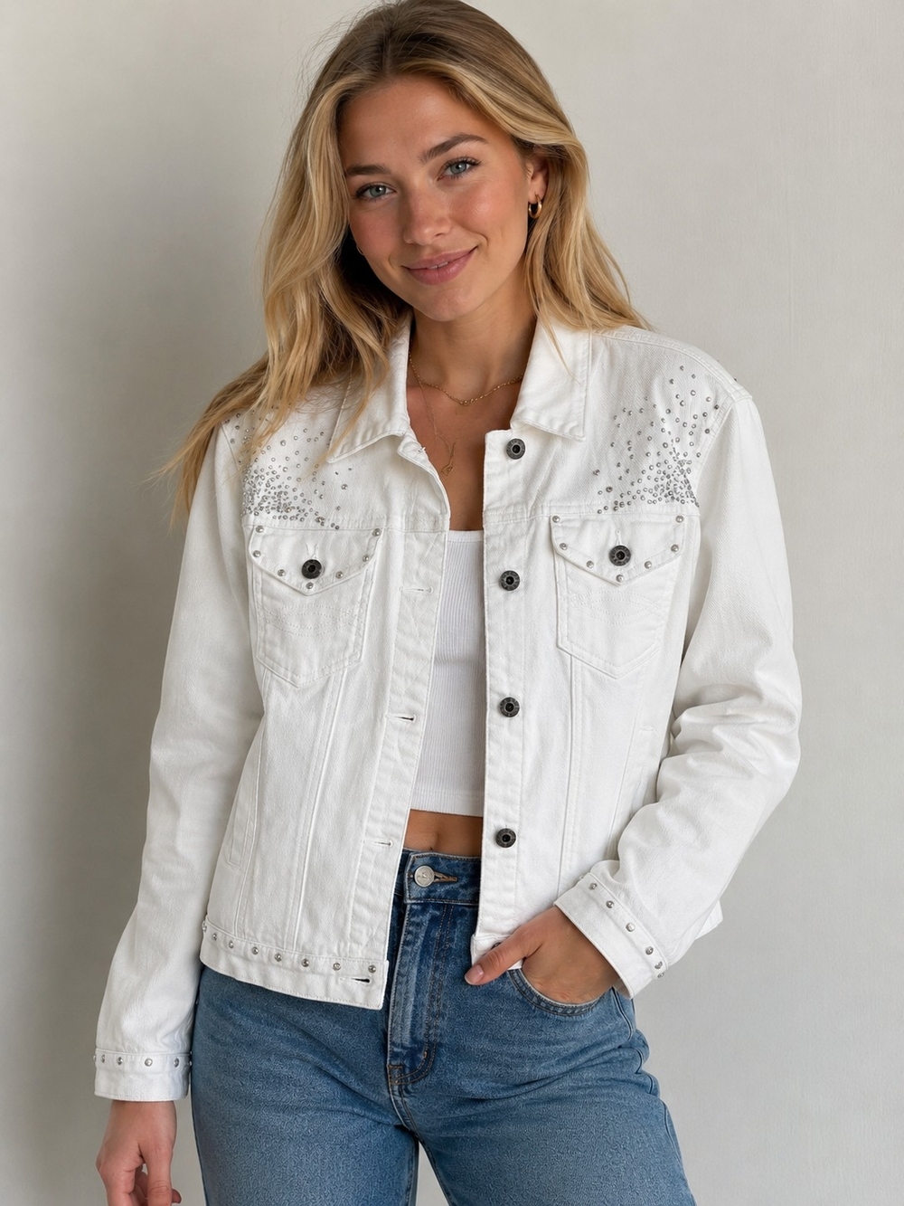 Ethyl Vintage Denim White Stud-Embellished Denim Jacket